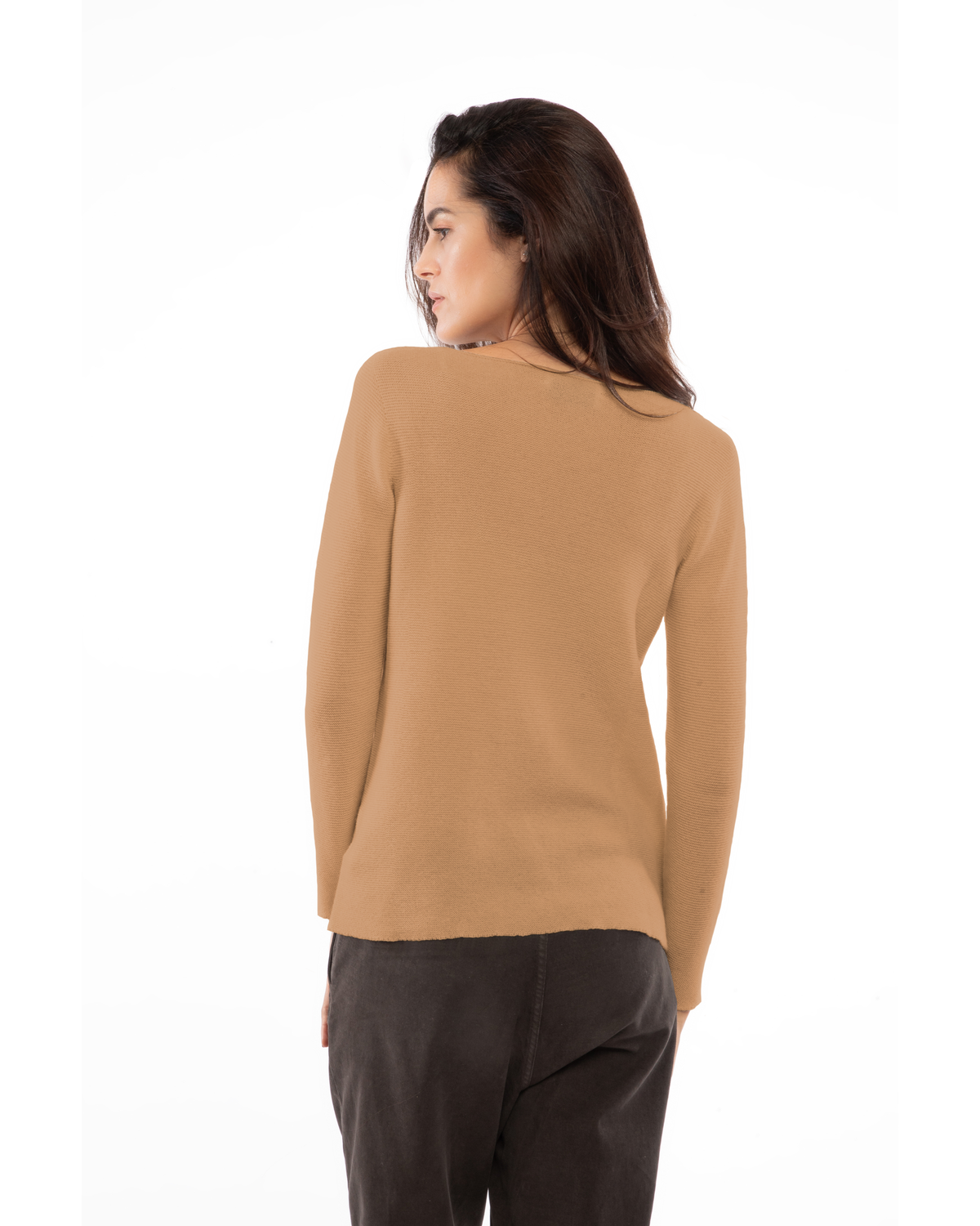 Camel cashmere links stitch boat neck sweater, on a model, back view