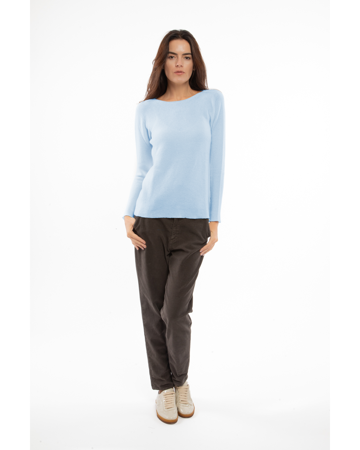 Baby Blue cashmere links stitch boat neck sweater, full-length outfit on a model, front view