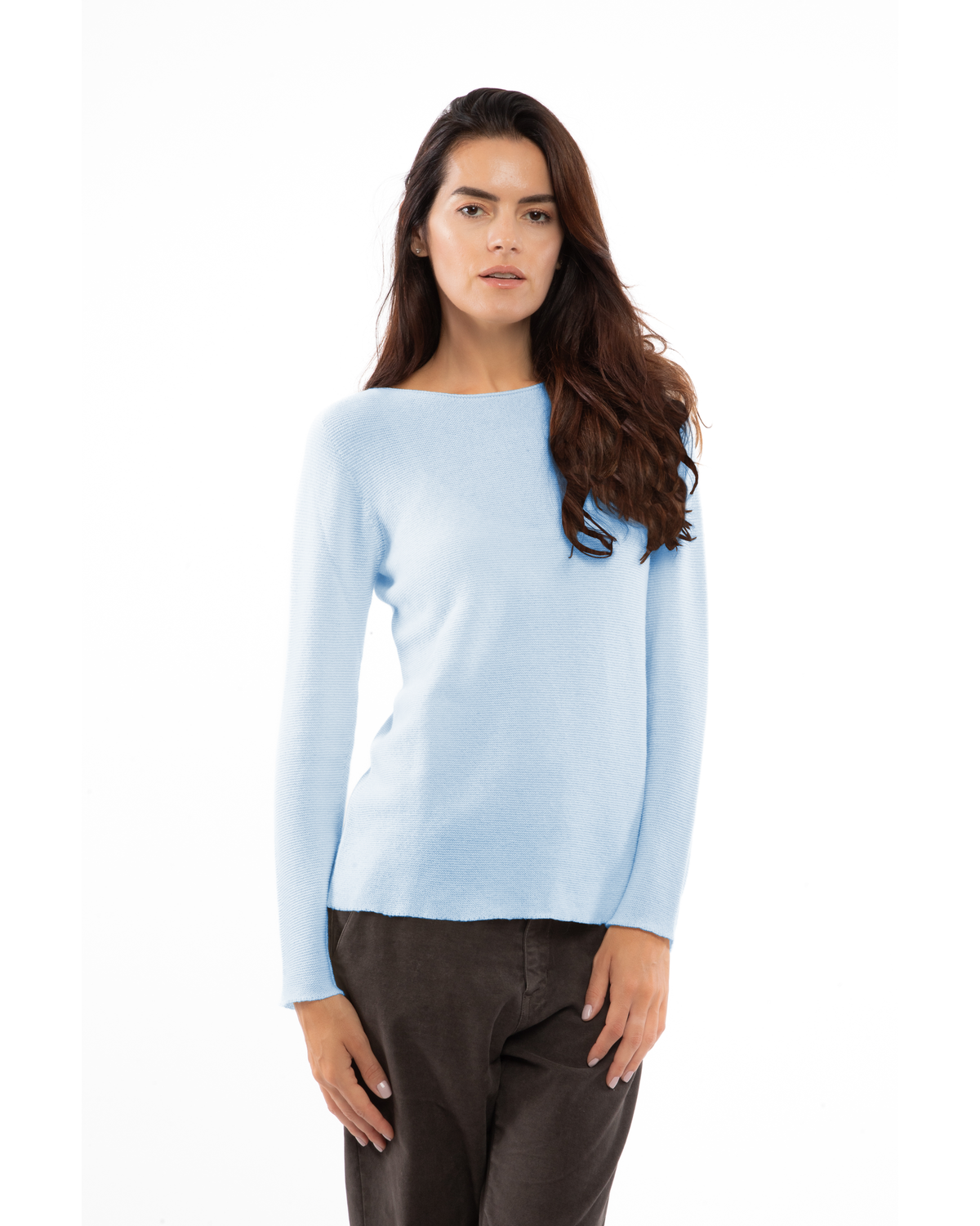 Baby Blue cashmere links stitch boat neck sweater, on a model, straight front view