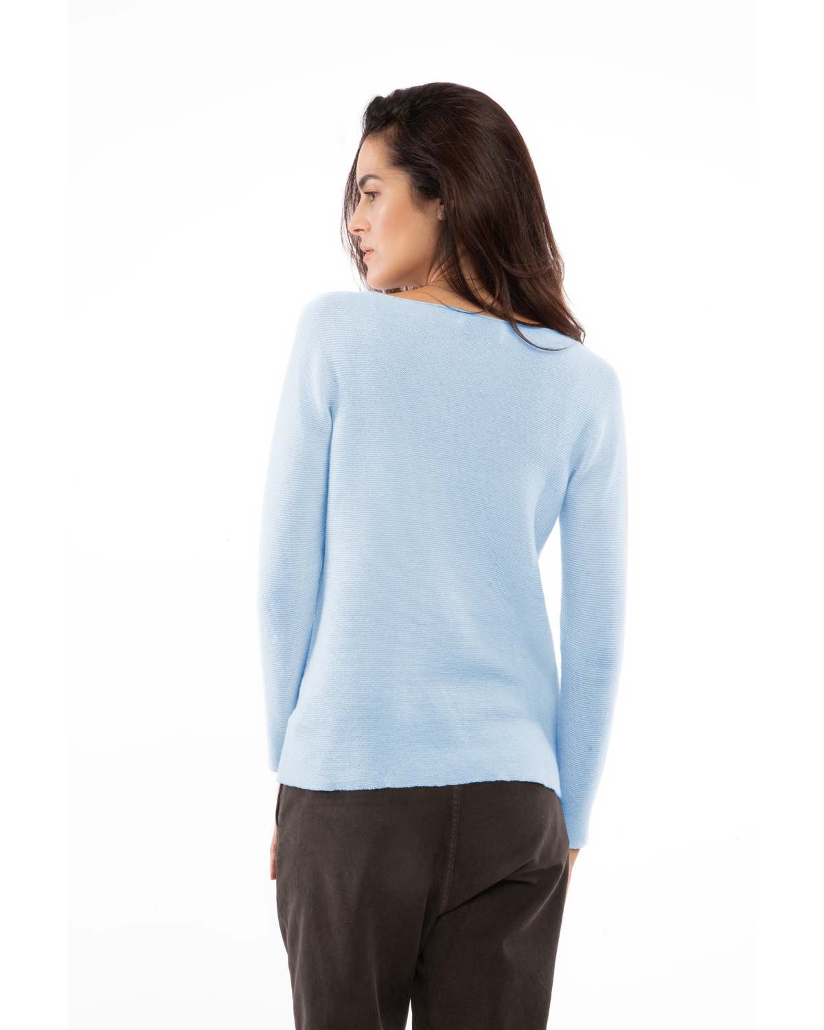 Baby Blue cashmere links stitch boat neck sweater, on a model, back view