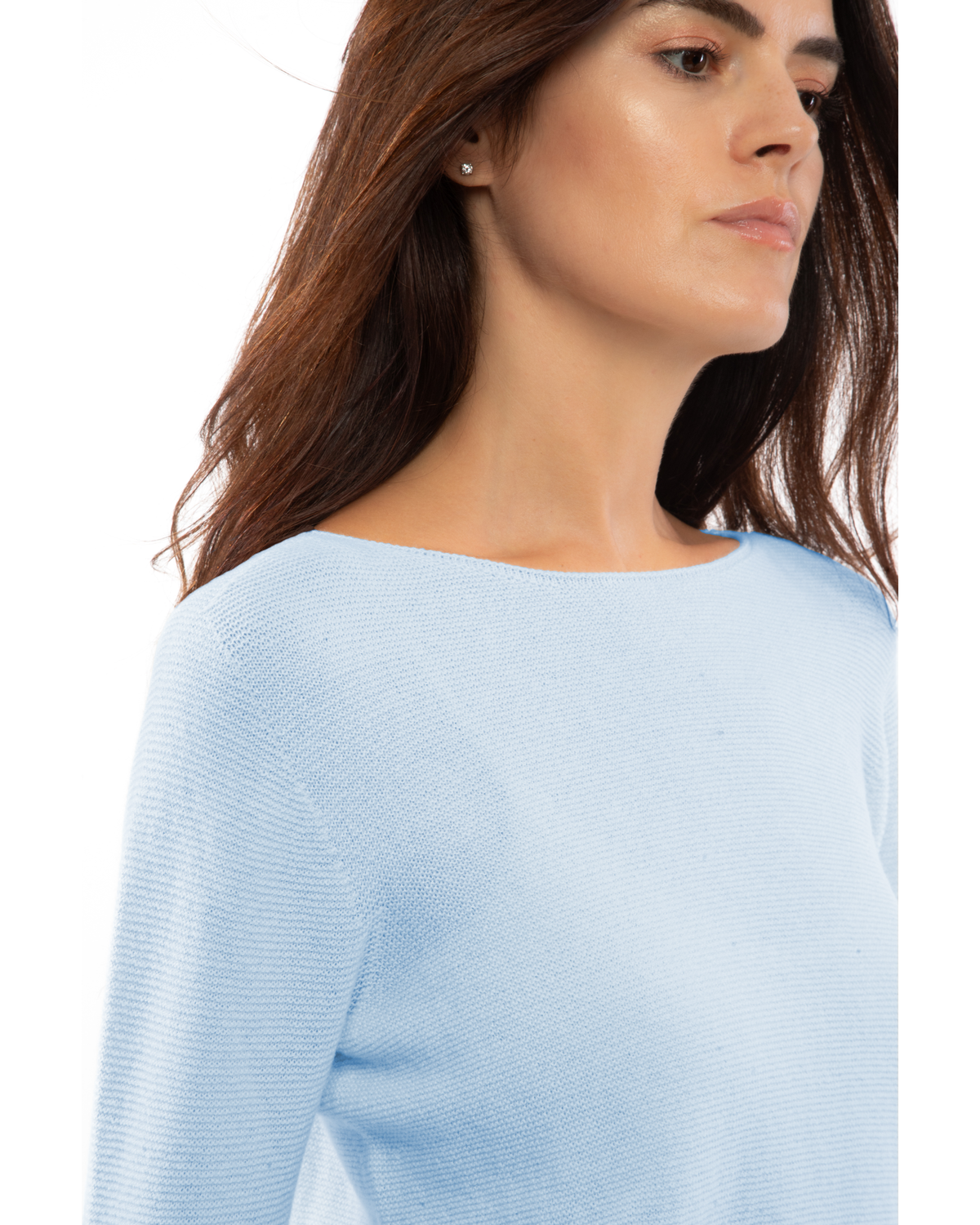 Baby Blue cashmere links stitch boat neck sweater, close-up of the boat neckline and links stitch texture