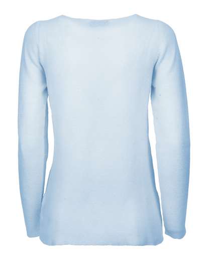 Baby Blue cashmere links stitch boat neck sweater, standalone garment, back view