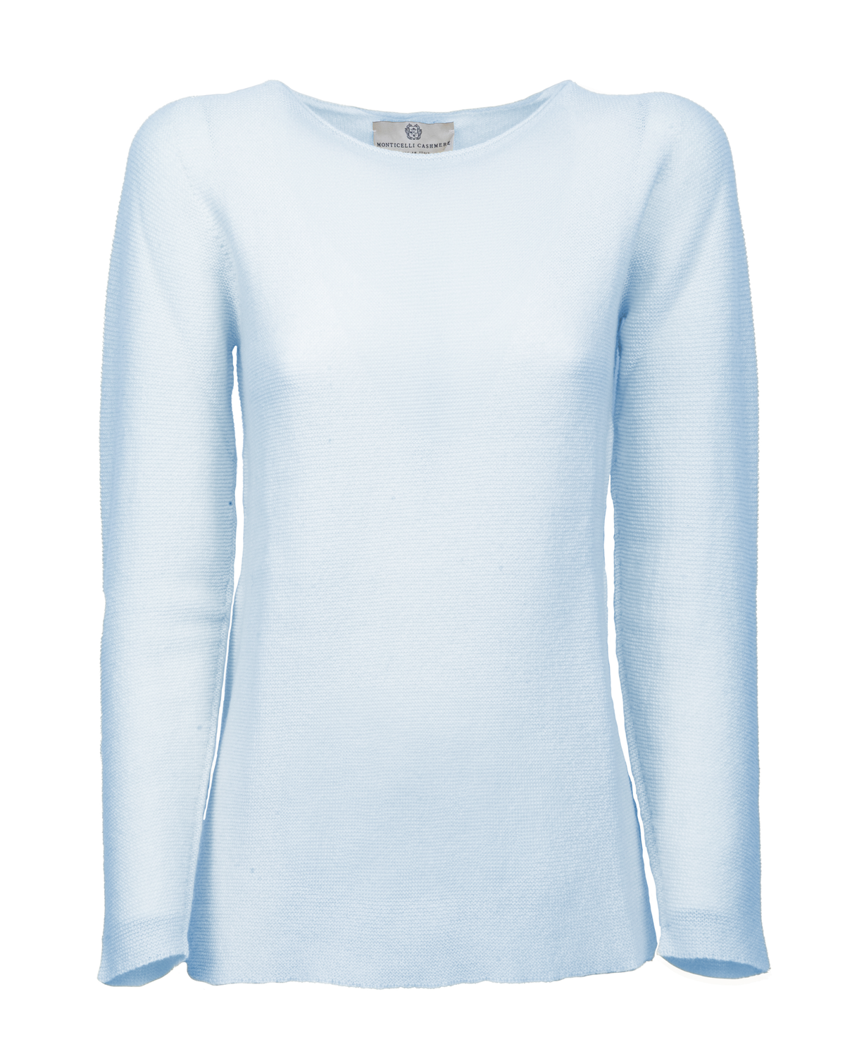 Baby Blue cashmere links stitch boat neck sweater, standalone garment, front view