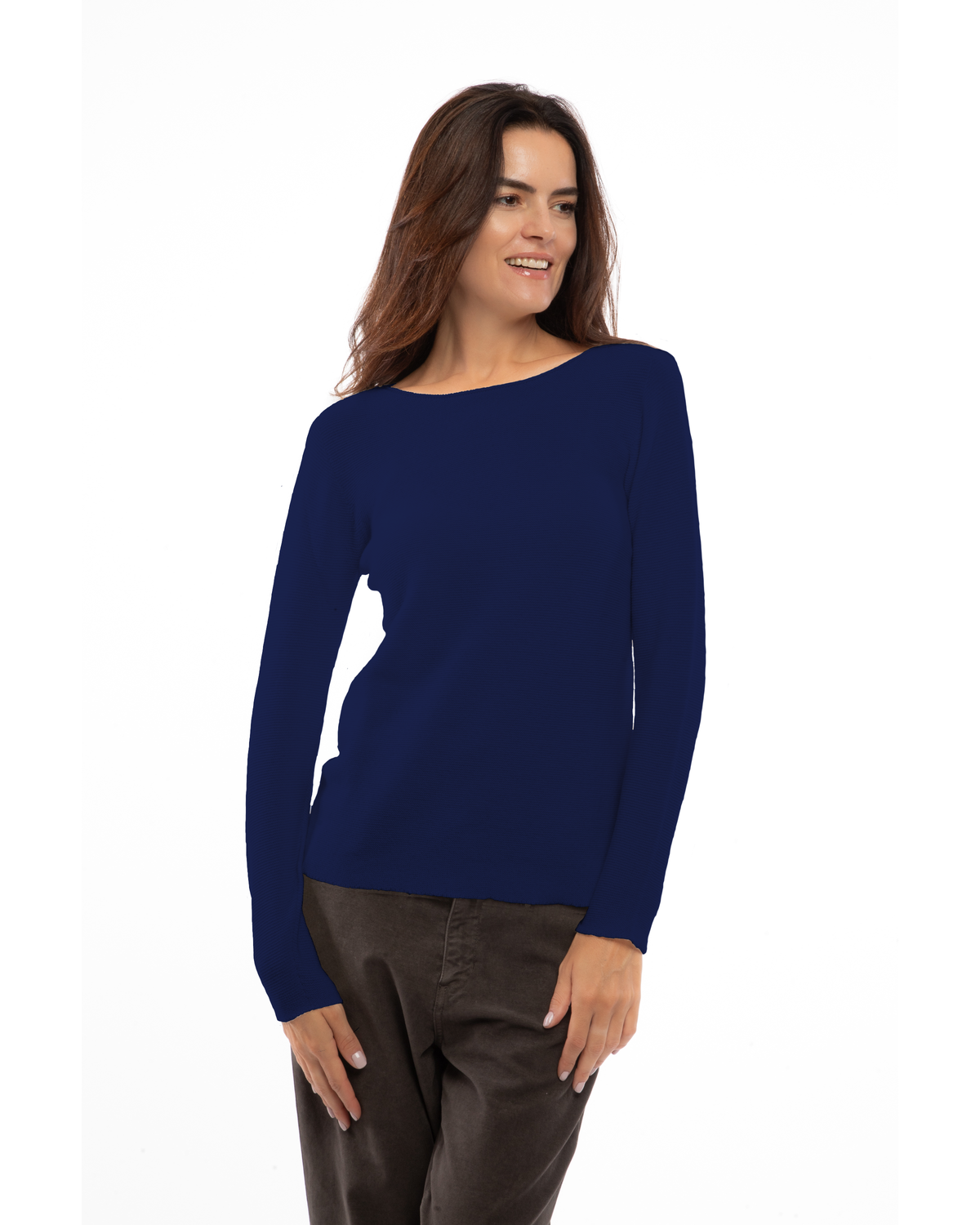 Blue cashmere links stitch boat neck sweater, on a model, front view showing the boat neckline and long sleeves
