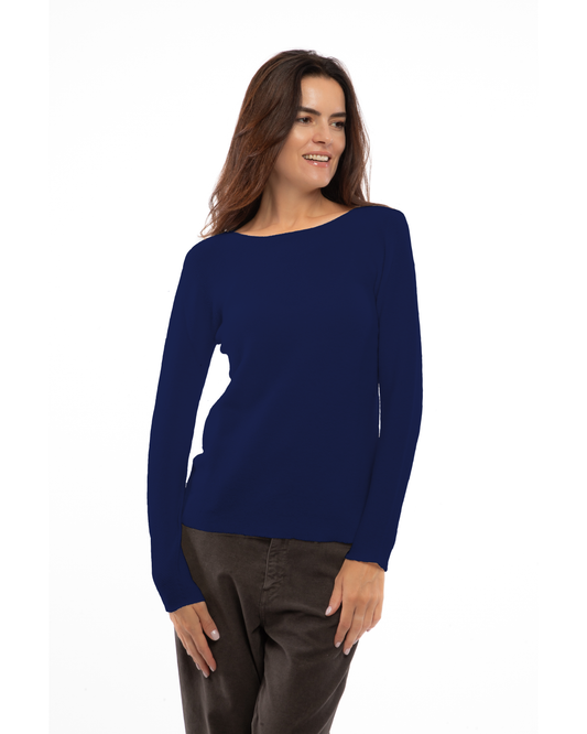 Blue cashmere links stitch boat neck sweater, on a model, front view showing the boat neckline and long sleeves