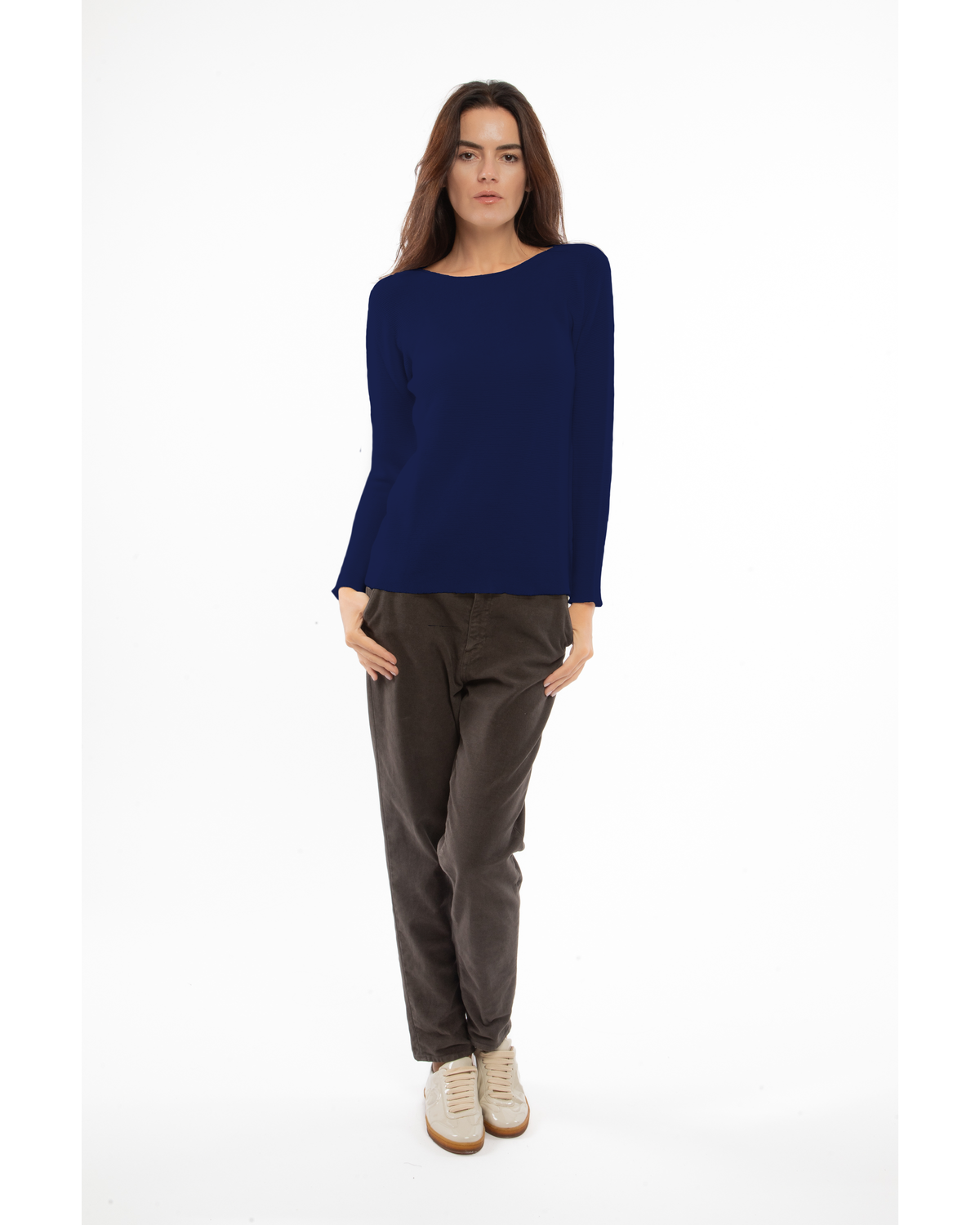 Blue cashmere links stitch boat neck sweater, full-length outfit on a model, front view
