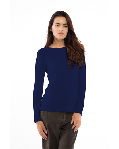 Blue cashmere links stitch boat neck sweater, on a model, straight front view