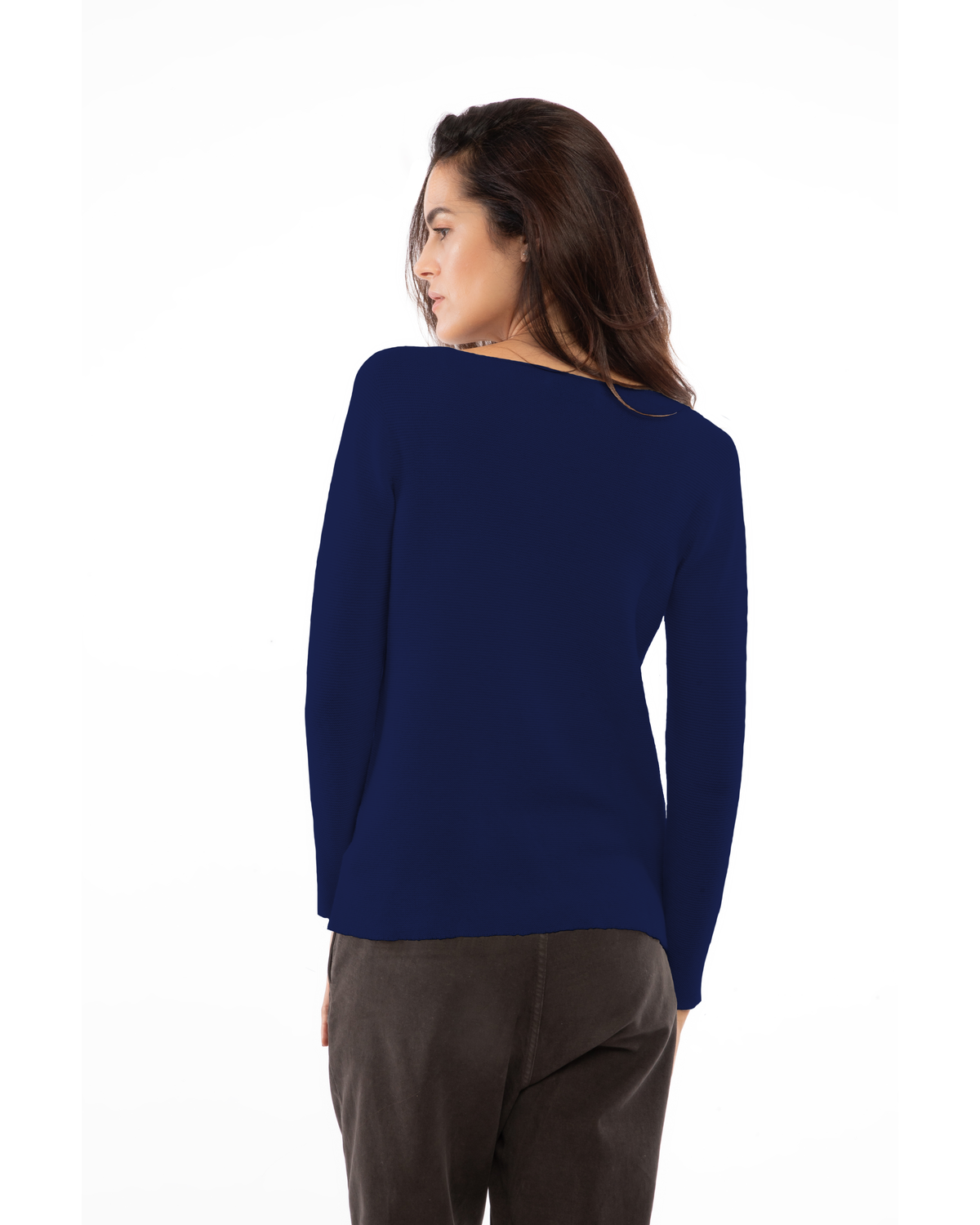 Blue cashmere links stitch boat neck sweater, on a model, back view
