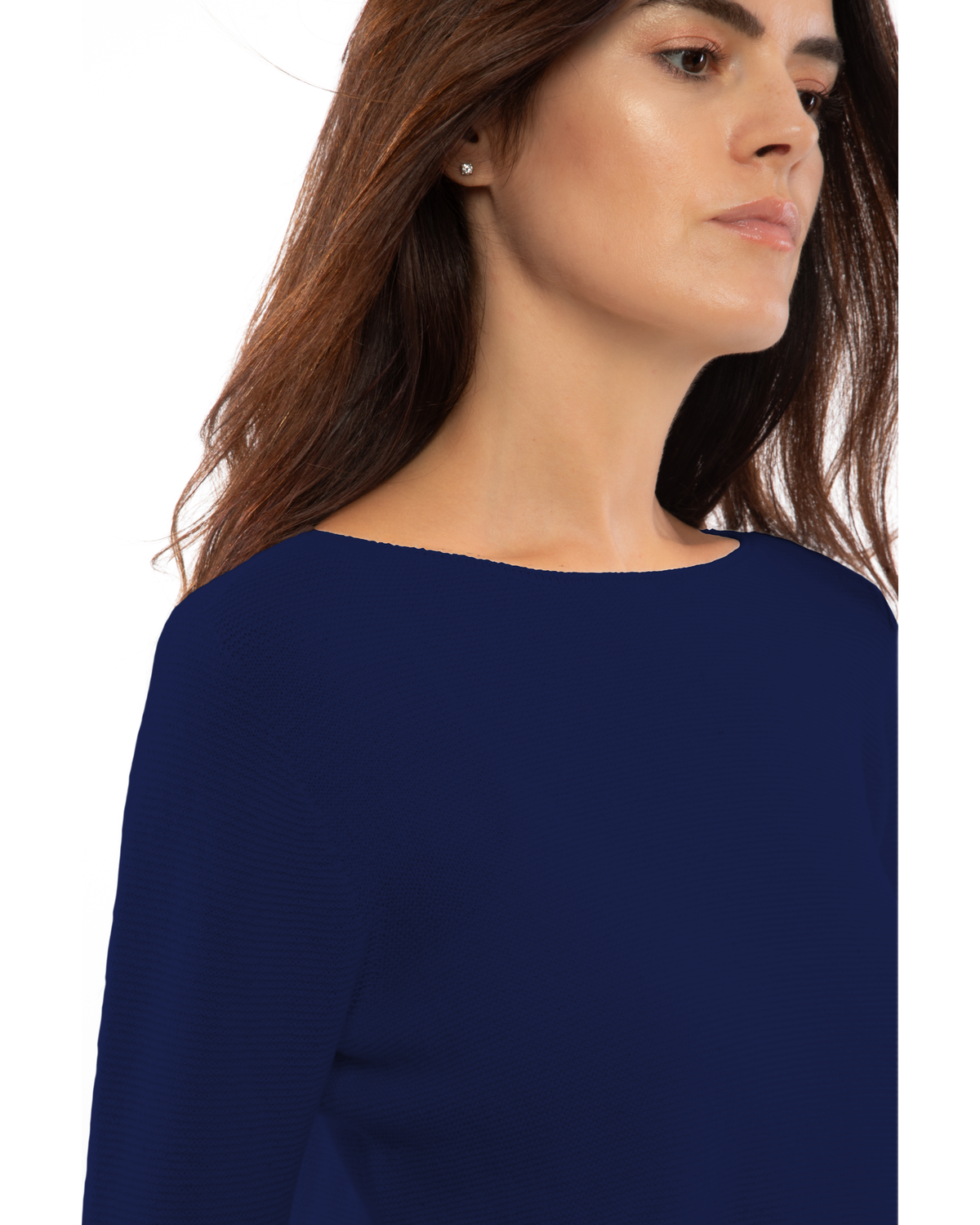Blue cashmere links stitch boat neck sweater, close-up of the boat neckline and links stitch texture