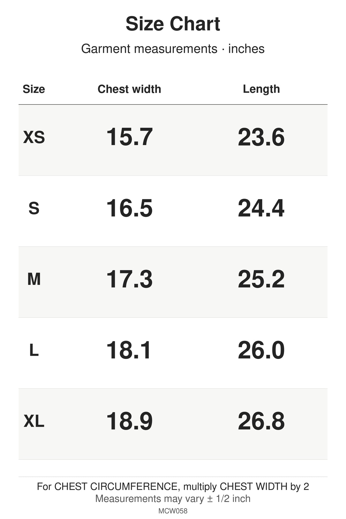 MCW058 size chart: garment measurements for XS, S, M, L, XL, in inches.