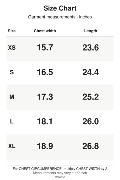 MCW059 size chart: garment measurements for XS, S, M, L, XL, in inches.