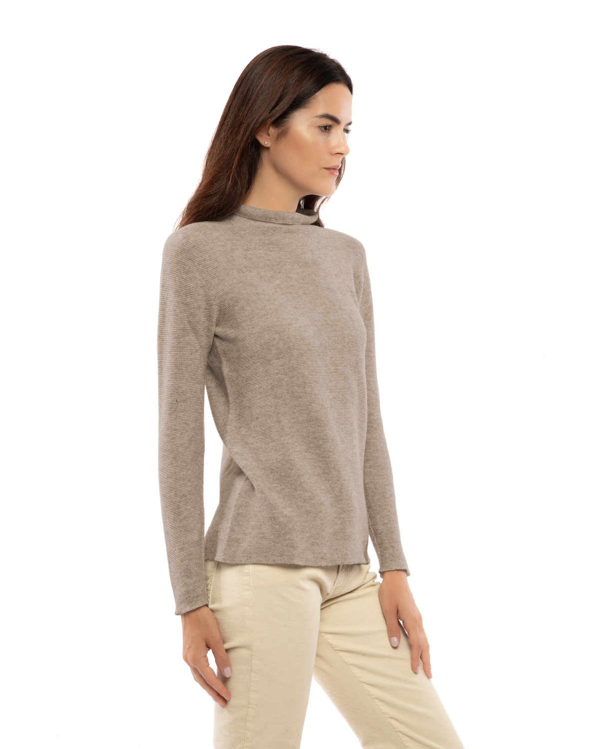 Women's cashmere links stitch funnel neck sweater in Taupe, three-quarter view on a model