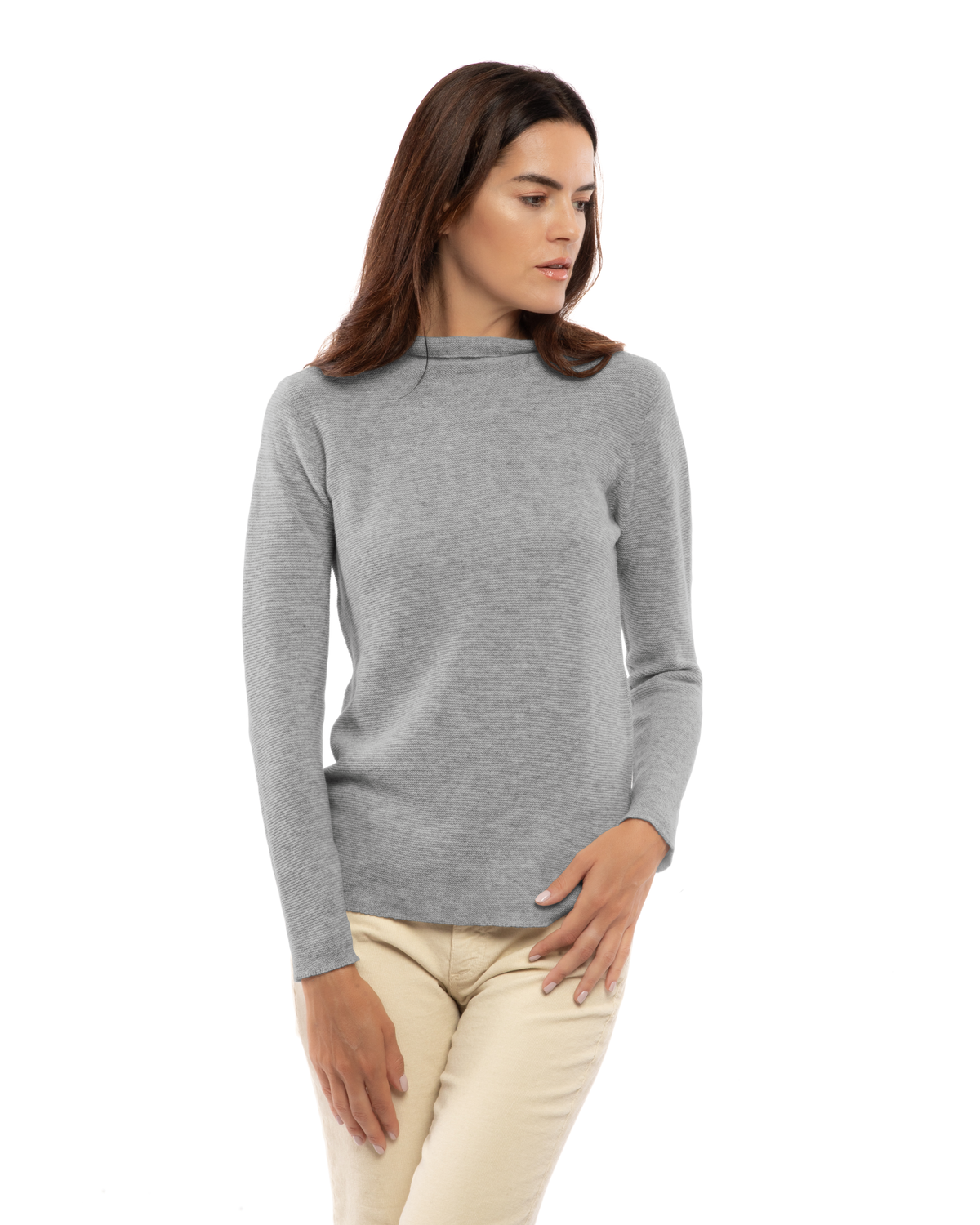 Women's cashmere links stitch funnel neck sweater in Medium Gray, front view on a model