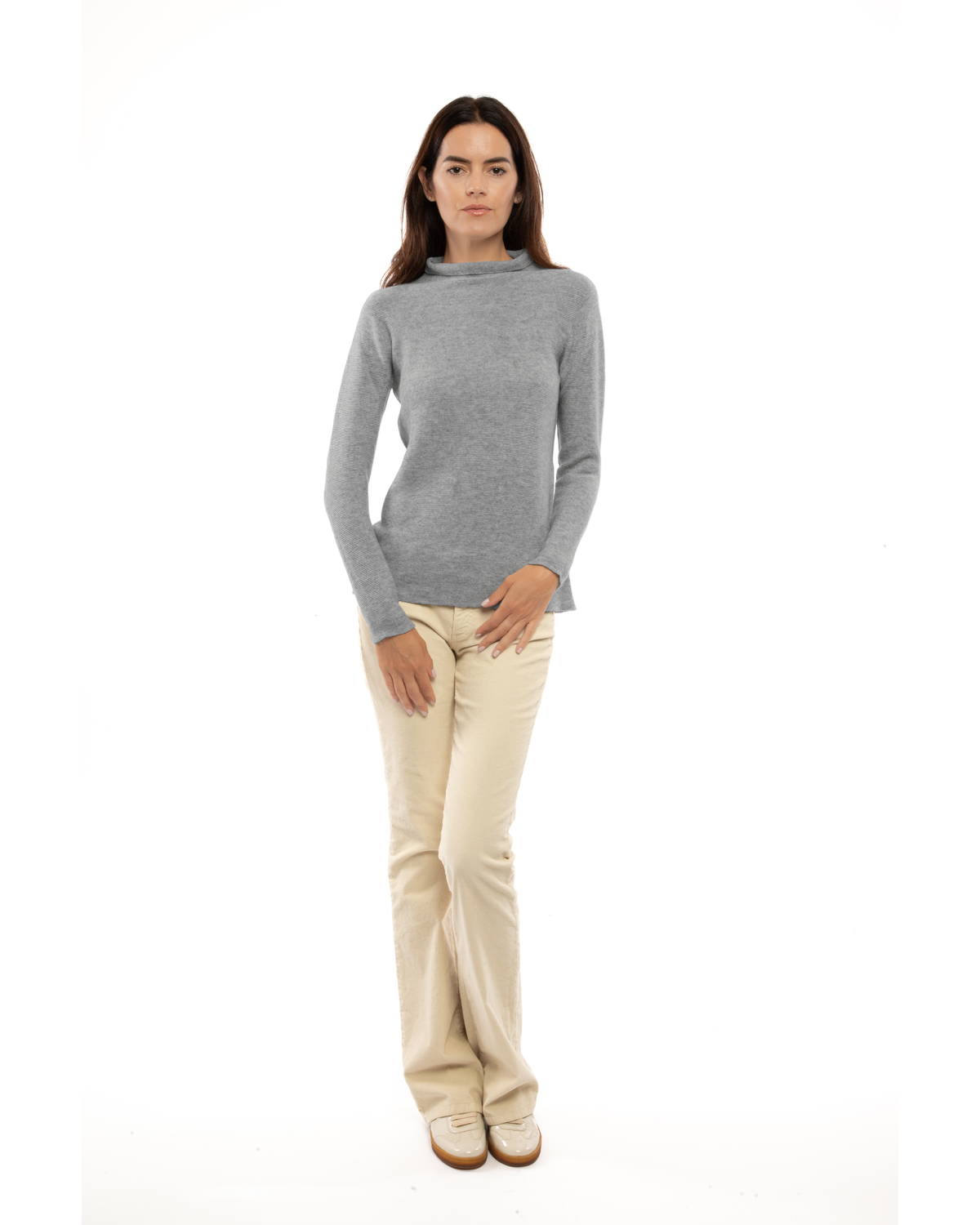 Women's cashmere links stitch funnel neck sweater in Medium Gray, full-length view on a model