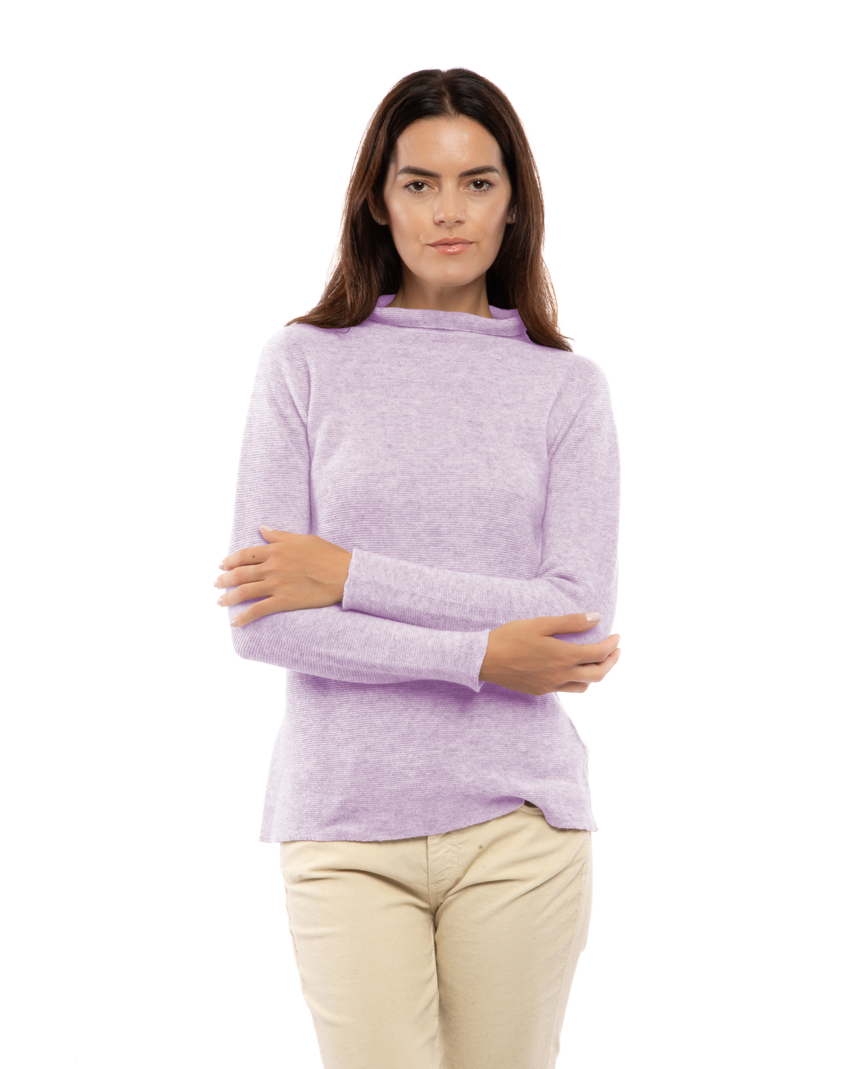 Women's cashmere links stitch funnel neck sweater in Lilac, front view on a model