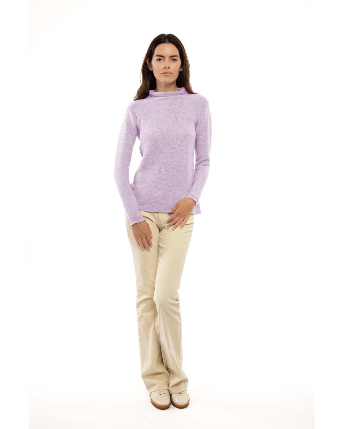 Women's cashmere links stitch funnel neck sweater in Lilac, full-length view on a model
