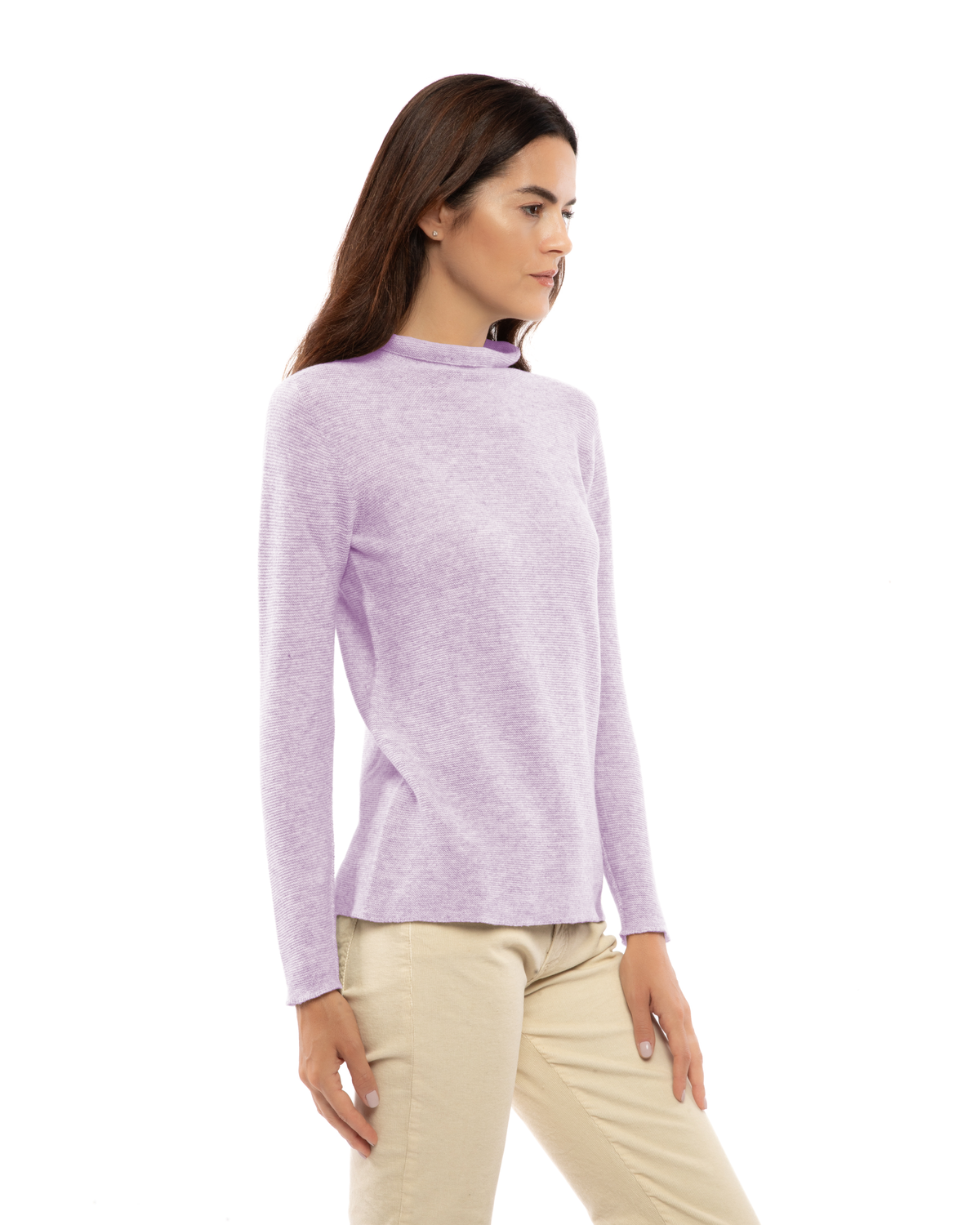 Women's cashmere links stitch funnel neck sweater in Lilac, three-quarter view on a model