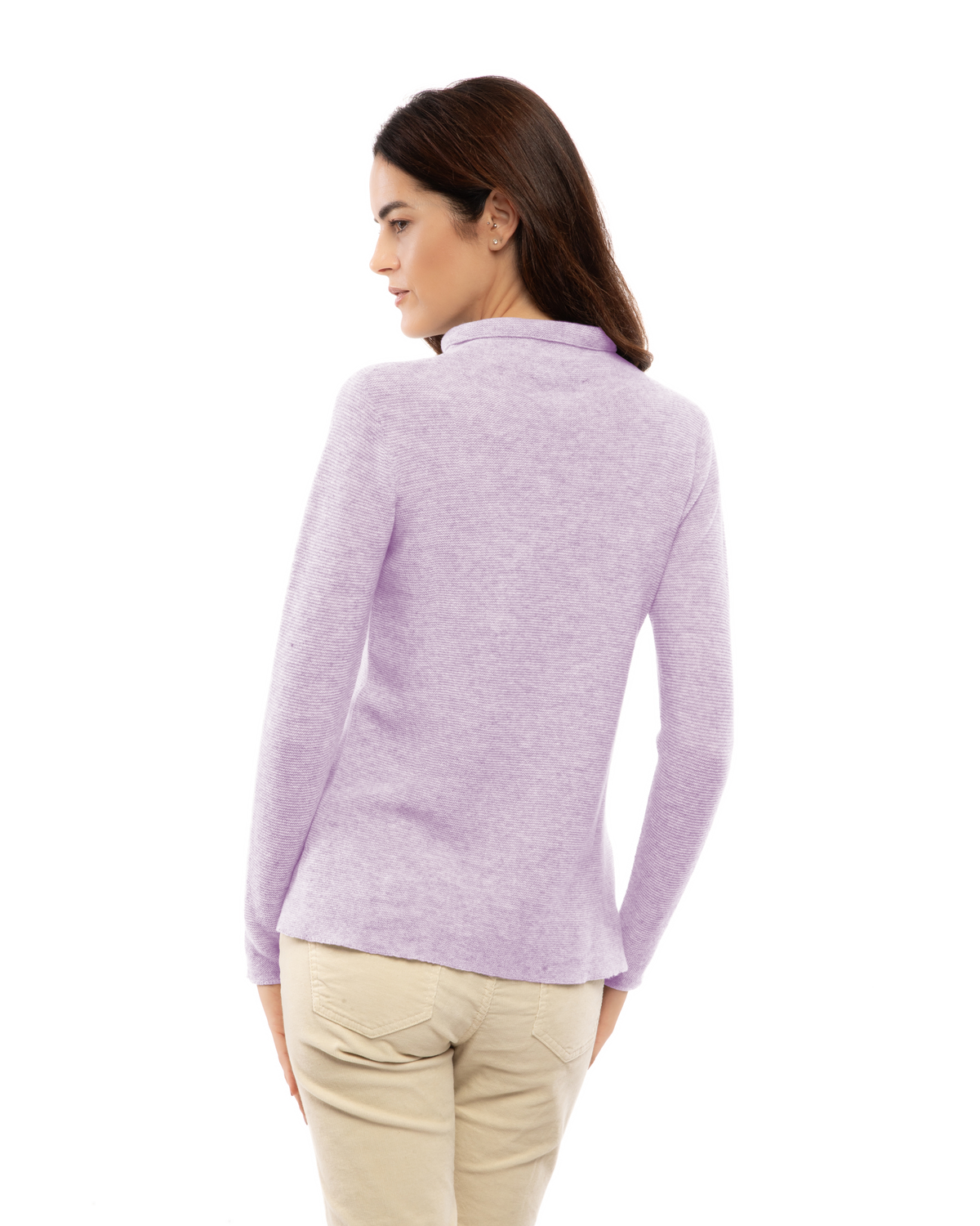 Women's cashmere links stitch funnel neck sweater in Lilac, back view on a model