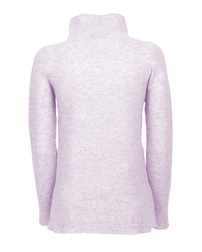 Women's cashmere links stitch funnel neck sweater in Lilac, back product view