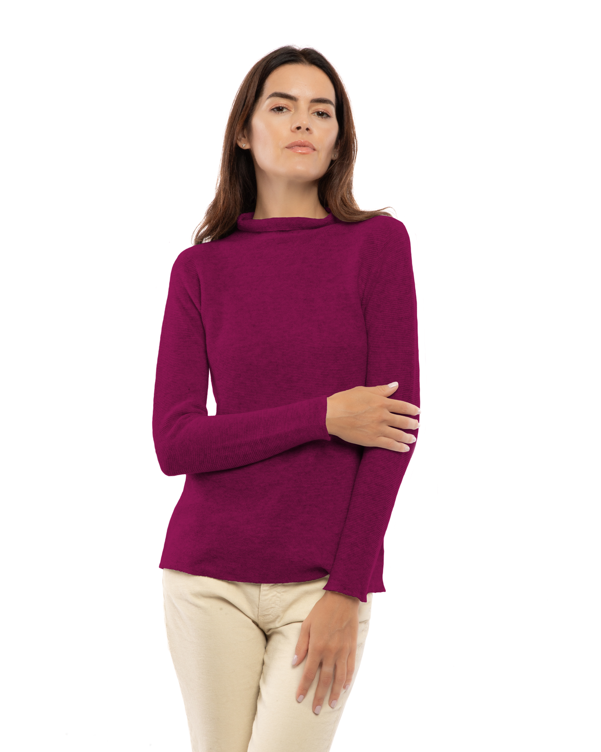Women's cashmere links stitch funnel neck sweater in Magenta, front view on a model