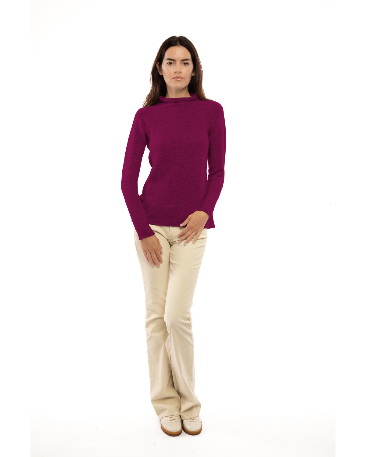 Women's cashmere links stitch funnel neck sweater in Magenta, full-length view on a model