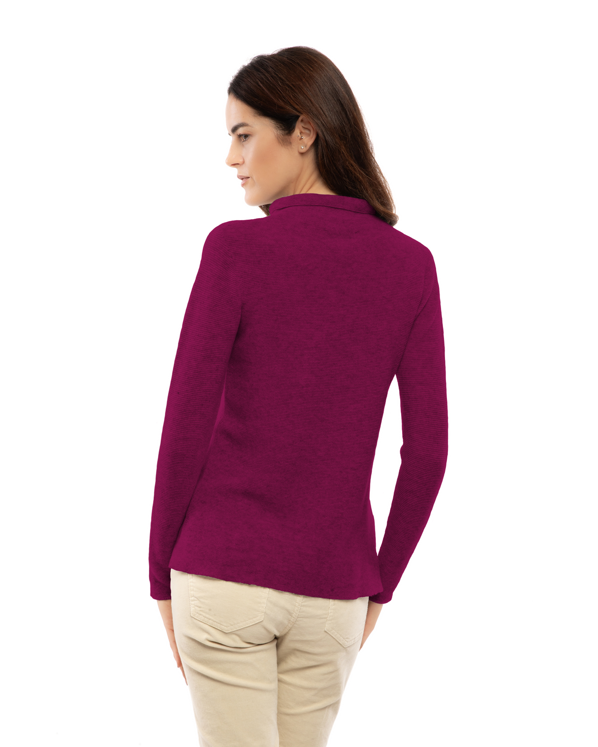 Women's cashmere links stitch funnel neck sweater in Magenta, back view on a model