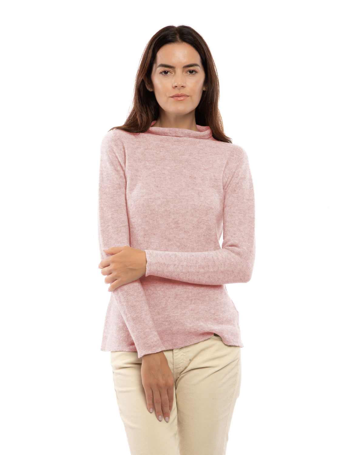 Women's cashmere links stitch funnel neck sweater in Old Rose, front view on a model