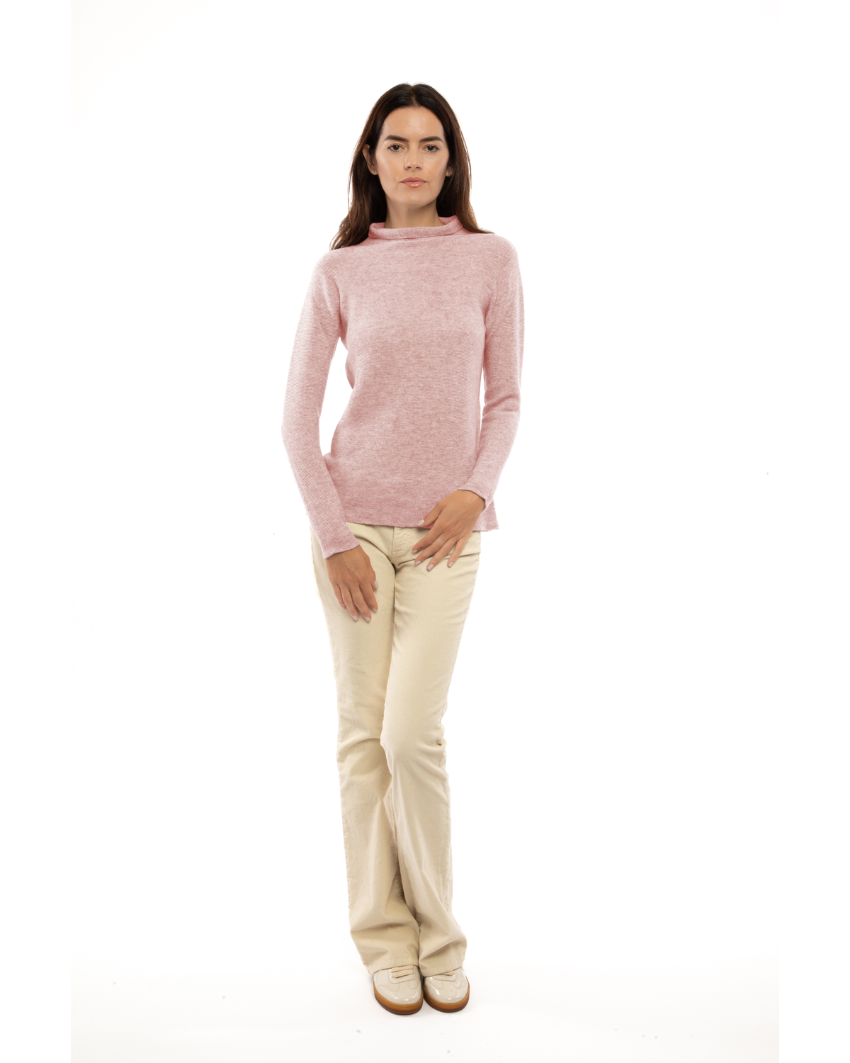 Women's cashmere links stitch funnel neck sweater in Old Rose, full-length view on a model