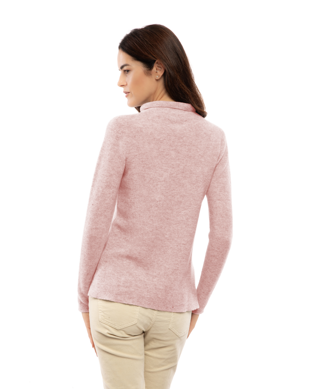 Women's cashmere links stitch funnel neck sweater in Old Rose, back view on a model