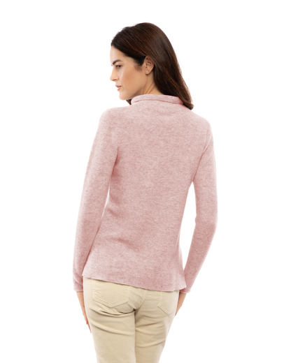 Women's cashmere links stitch funnel neck sweater in Old Rose, back view on a model
