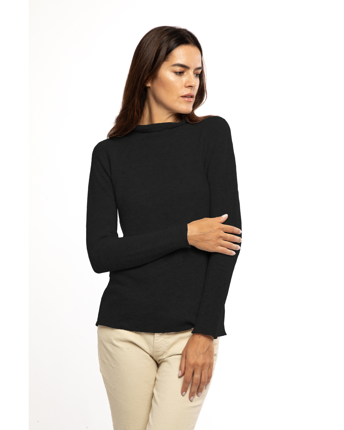Women's cashmere links stitch funnel neck sweater in Black, front view on a model