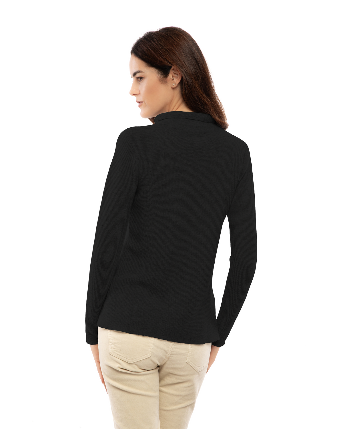 Women's cashmere links stitch funnel neck sweater in Black, back view on a model