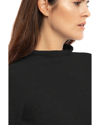 Women's cashmere links stitch funnel neck sweater in Black, close-up of the funnel neckline and links stitch