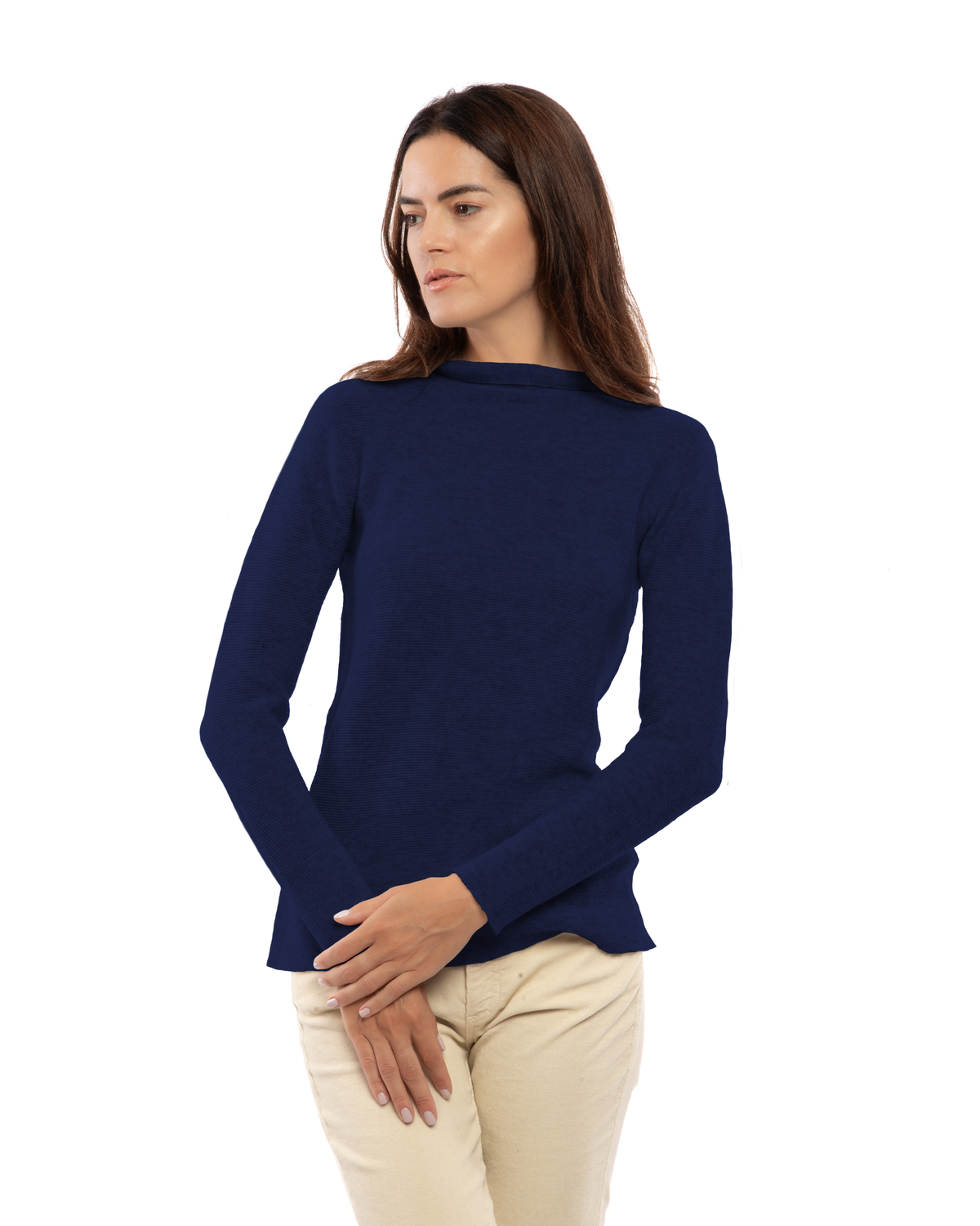 Women's cashmere links stitch funnel neck sweater in Blue, front view on a model