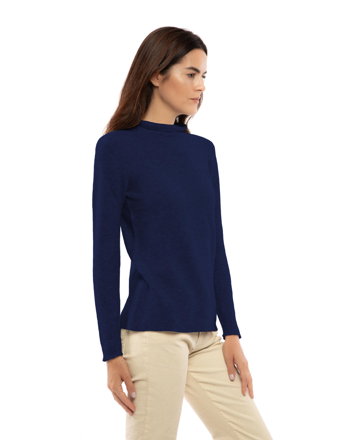 Women's cashmere links stitch funnel neck sweater in Blue, three-quarter view on a model