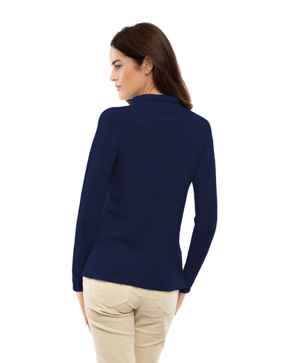 Women's cashmere links stitch funnel neck sweater in Blue, back view on a model