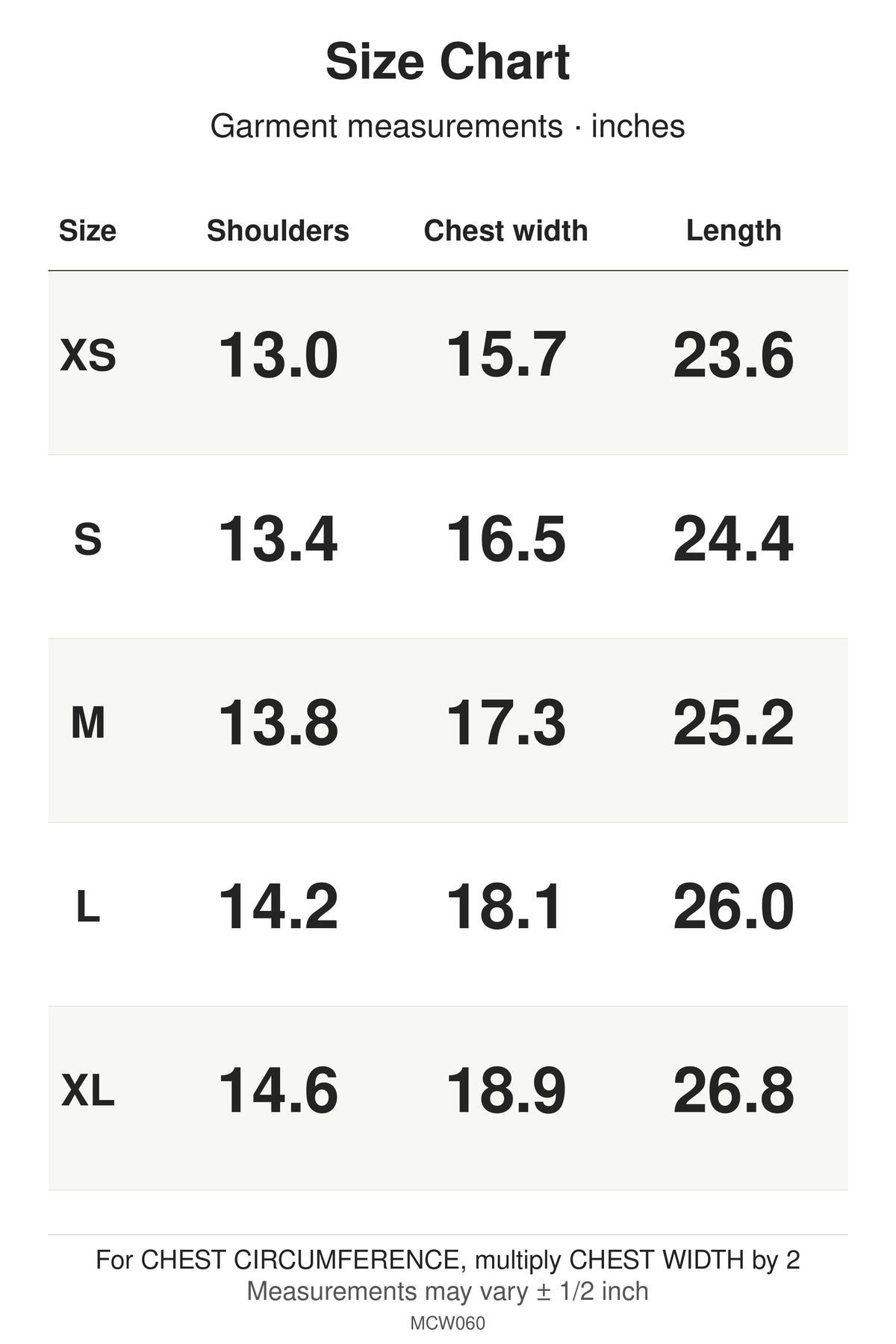 MCW060 size chart: garment measurements for XS, S, M, L, XL, in inches.