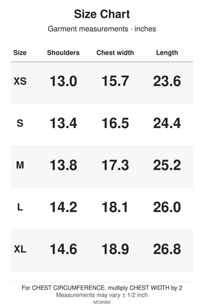 MCW060 size chart: garment measurements for XS, S, M, L, XL, in inches.