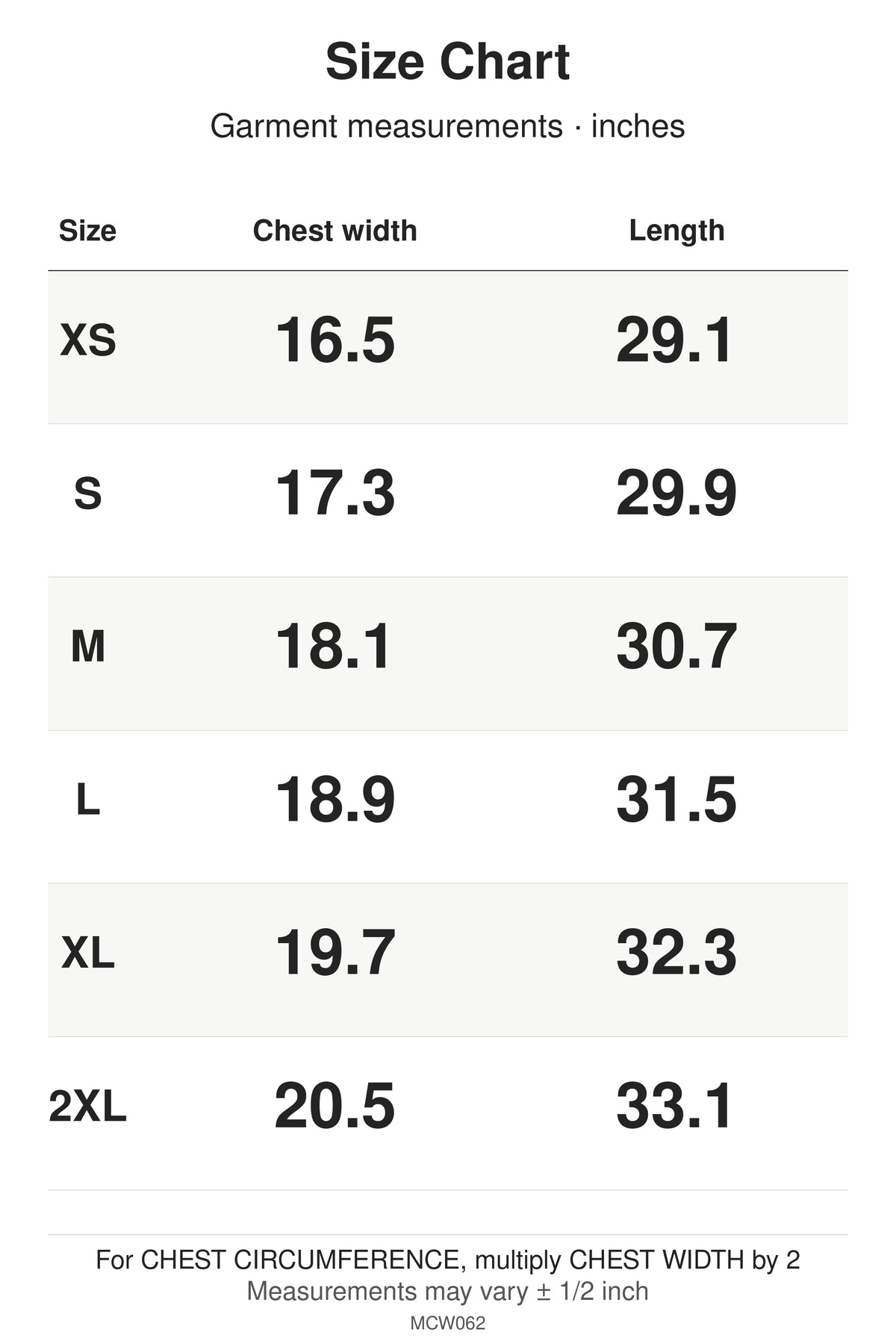 MCW062 size chart: garment measurements for XS, S, M, L, XL, 2XL, in inches.