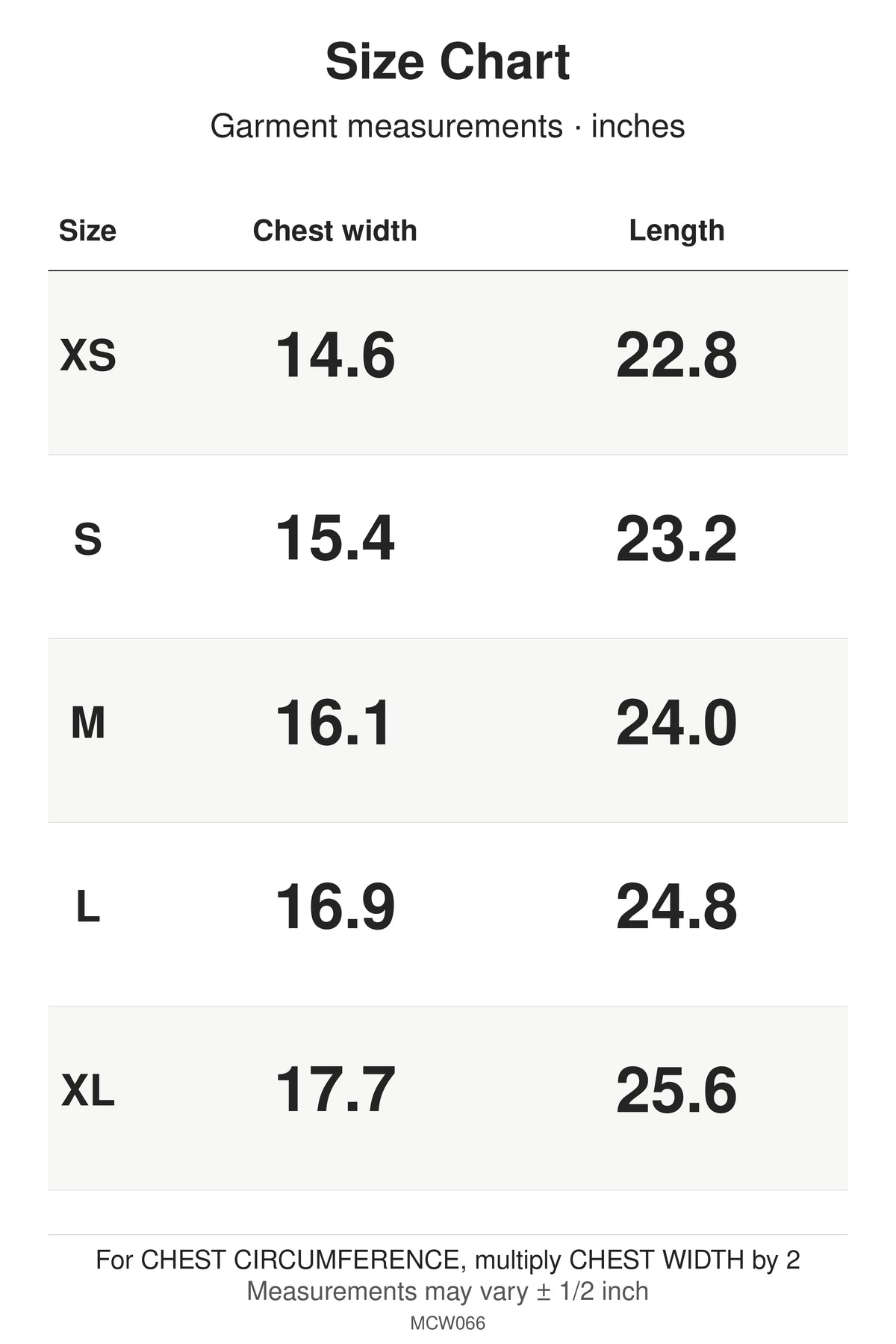 MCW066 size chart: garment measurements for XS, S, M, L, XL, in inches.