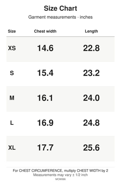 MCW066 size chart: garment measurements for XS, S, M, L, XL, in inches.