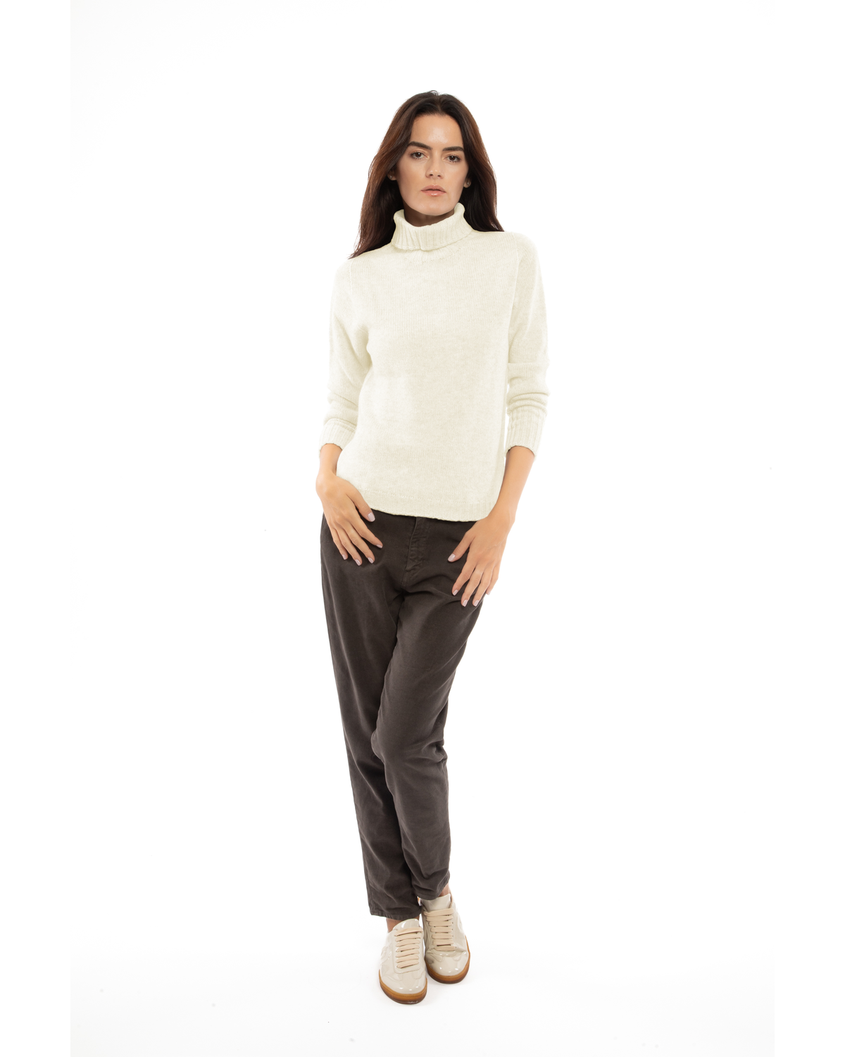 Women's classic cashmere turtleneck sweater in Milk White, full-length outfit view on a model