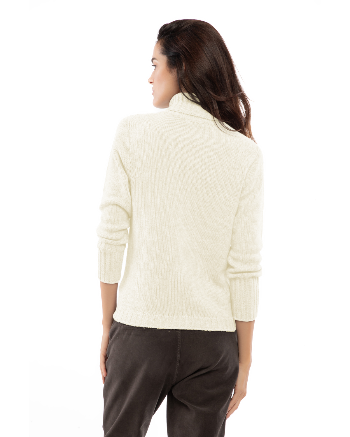 Women's classic cashmere turtleneck sweater in Milk White, back view on a model