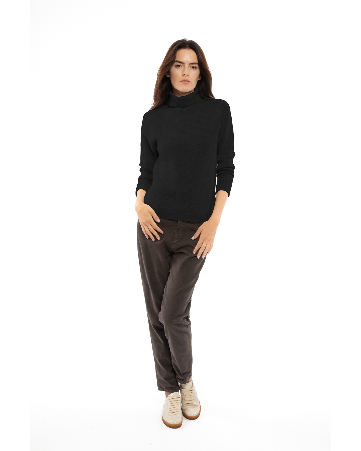 Women's classic cashmere turtleneck sweater in Black, full-length outfit view on a model