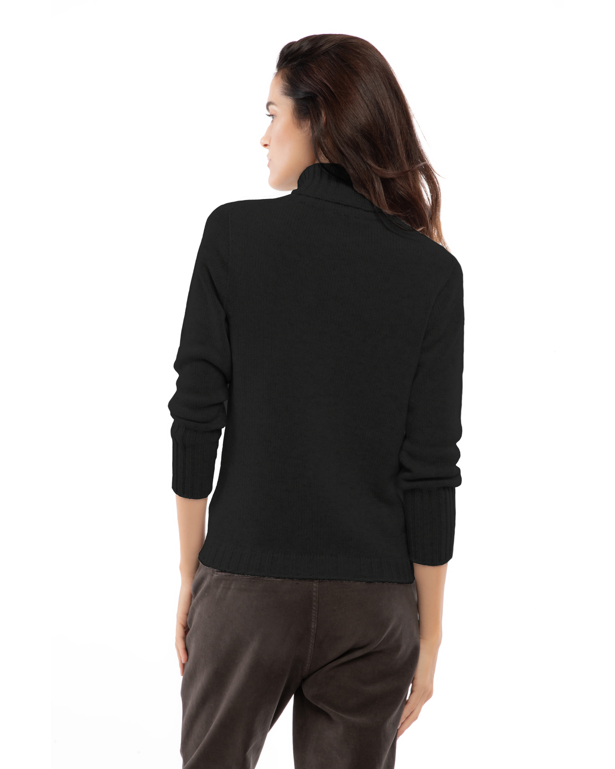 Women's classic cashmere turtleneck sweater in Black, back view on a model
