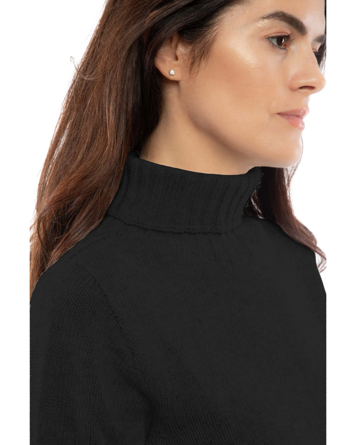 Women's classic cashmere turtleneck sweater in Black, close-up of the ribbed turtleneck and cashmere knit