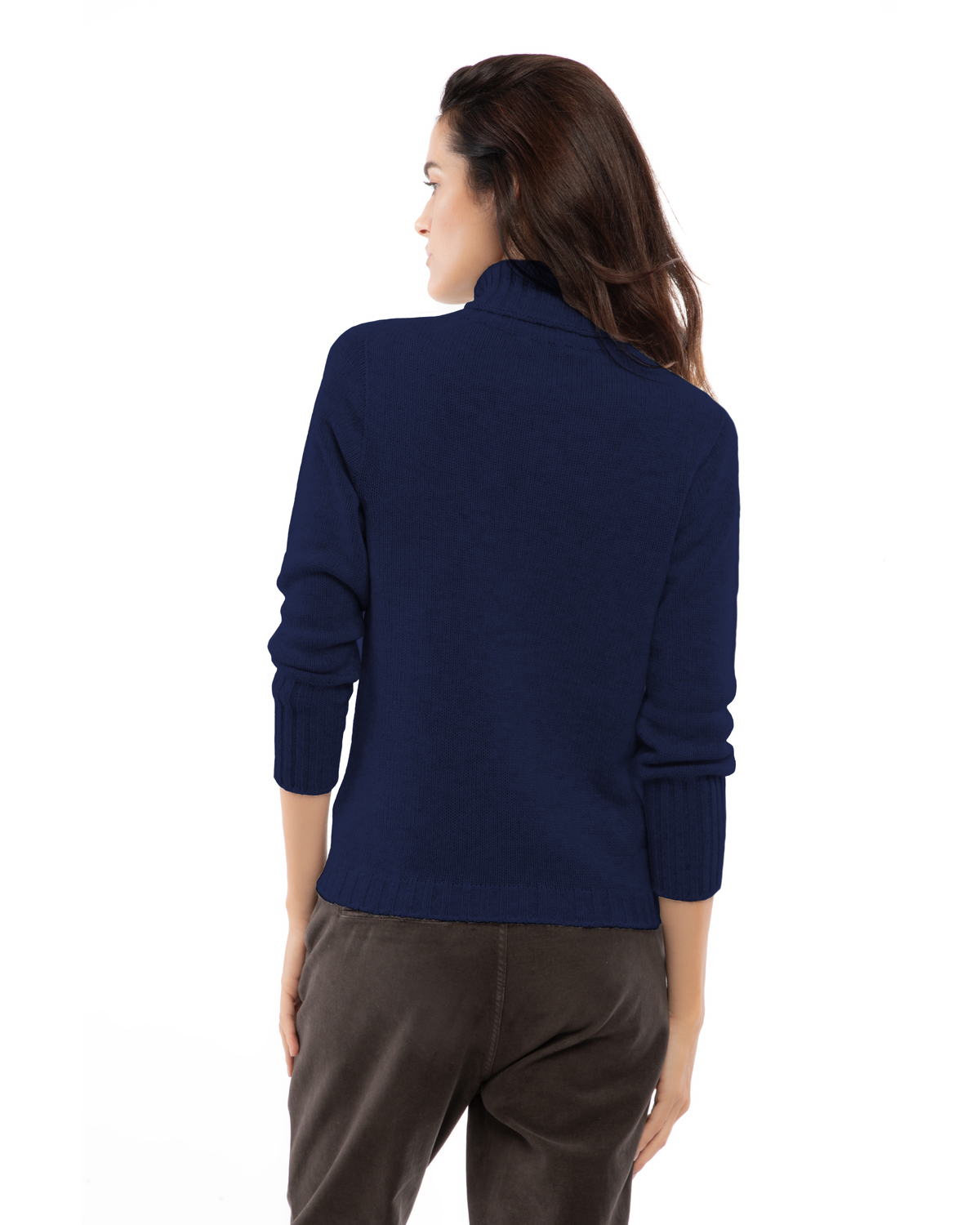 Women's classic cashmere turtleneck sweater in Blue, back view on a model