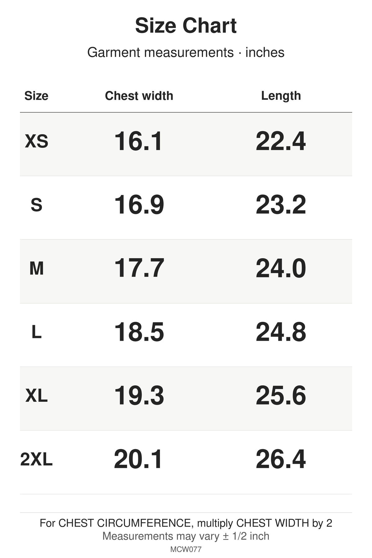 MCW077 size chart: garment measurements for XS, S, M, L, XL, 2XL, in inches.