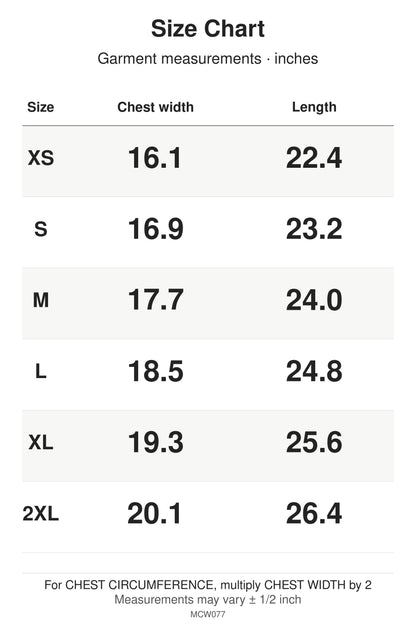 MCW077 size chart: garment measurements for XS, S, M, L, XL, 2XL, in inches.