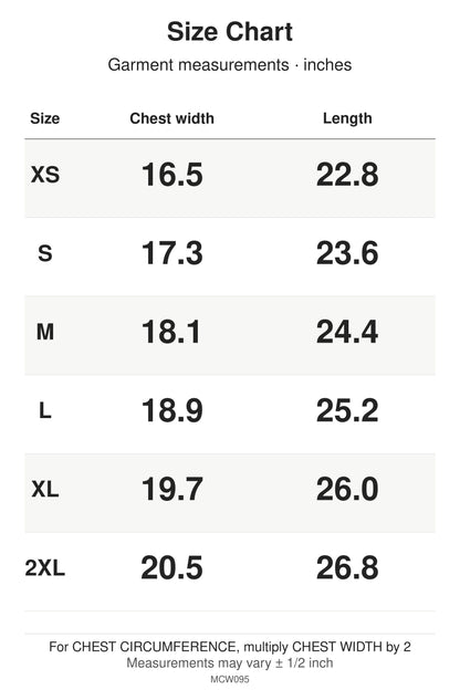 MCW095 size chart: garment measurements for XS, S, M, L, XL, 2XL, in inches.